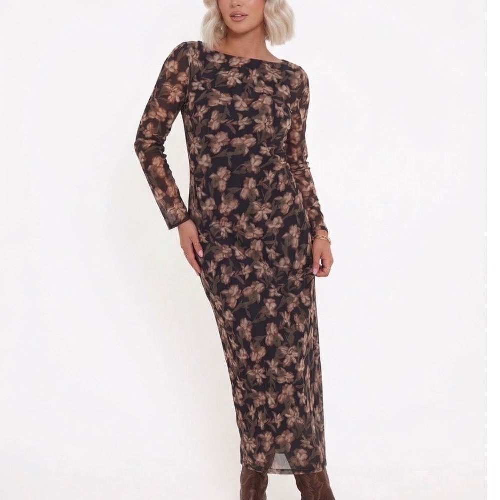 Petal and Pup Mesh Long Sleeve Maxi Dress Keyhole Back XS Dark Moody Romantic